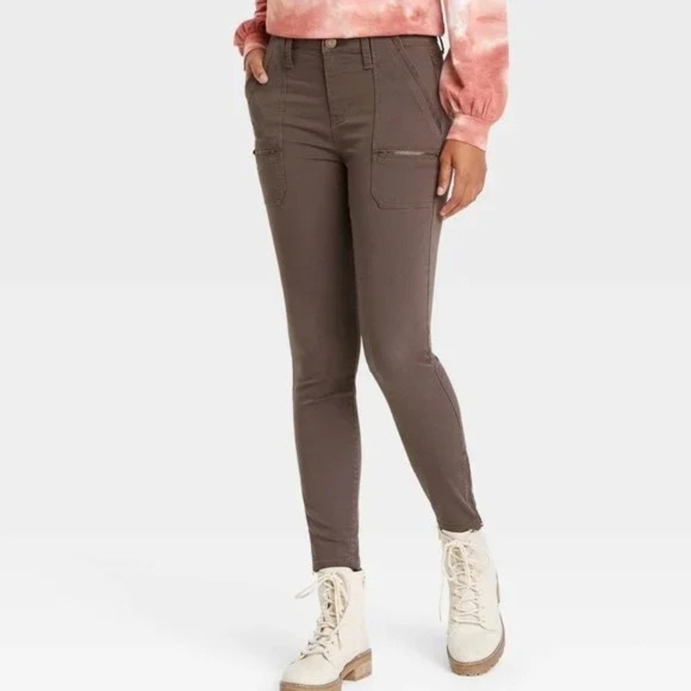 (B6) Knox Rose Brown Mid Rise Stretch Skinny Utility Cargo Pants Ankle Zips 8